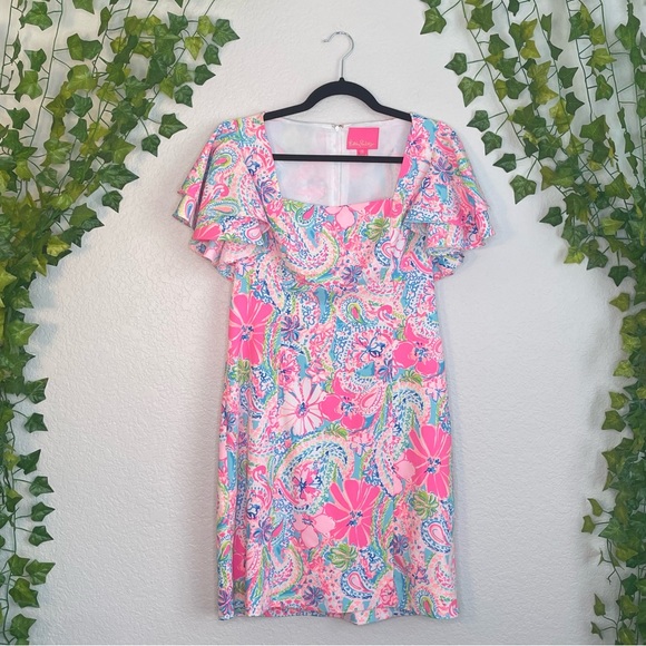 Lilly Pulitzer | Anniston Flock Full of Fun Pink Floral Dress w/ Flutter Sleeves - Picture 3 of 9